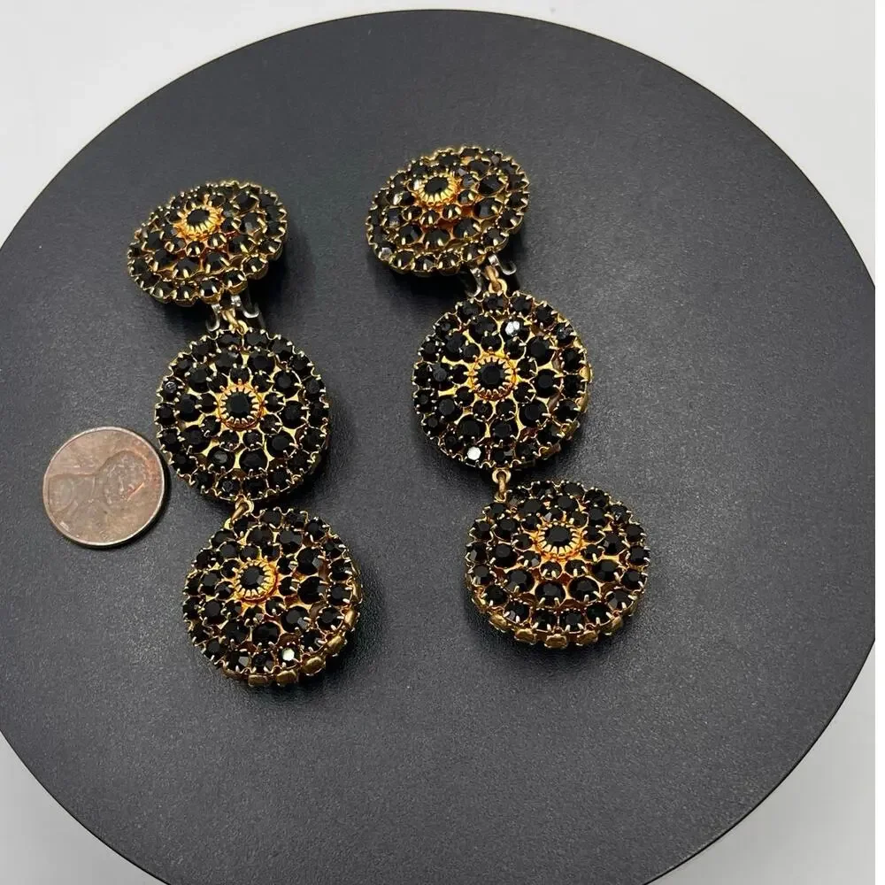Mistar Bijoux Deadstock 3D Puff‎ Three Drop Dangle Crystal Gold Clip on Earrings
